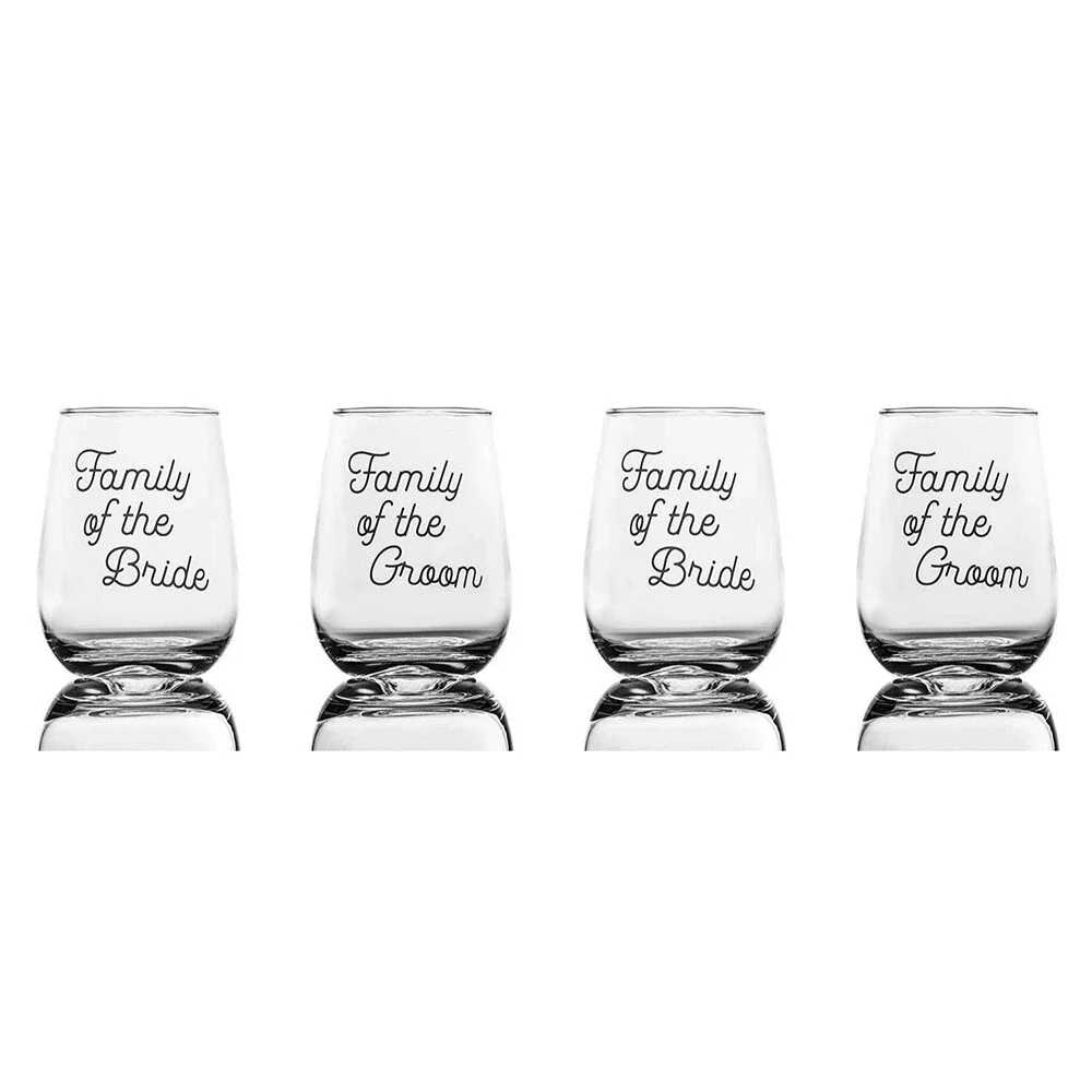 4 Pack Wedding Wine Glasses w/Decal “Family of the Bride” “Family of the Groom”